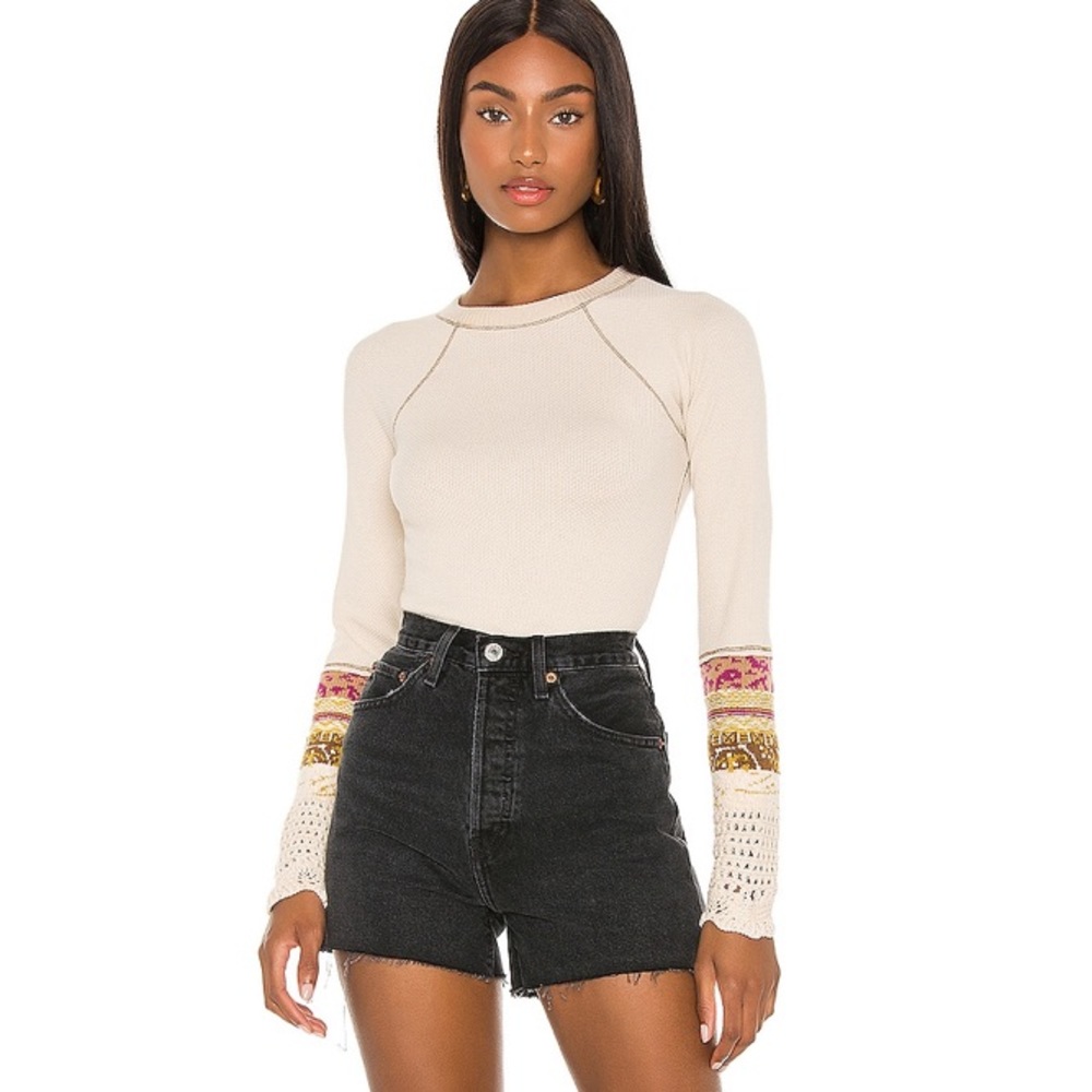 🌙FREE PEOPLE In The Mix Cuff Top in Linen Combo🌙